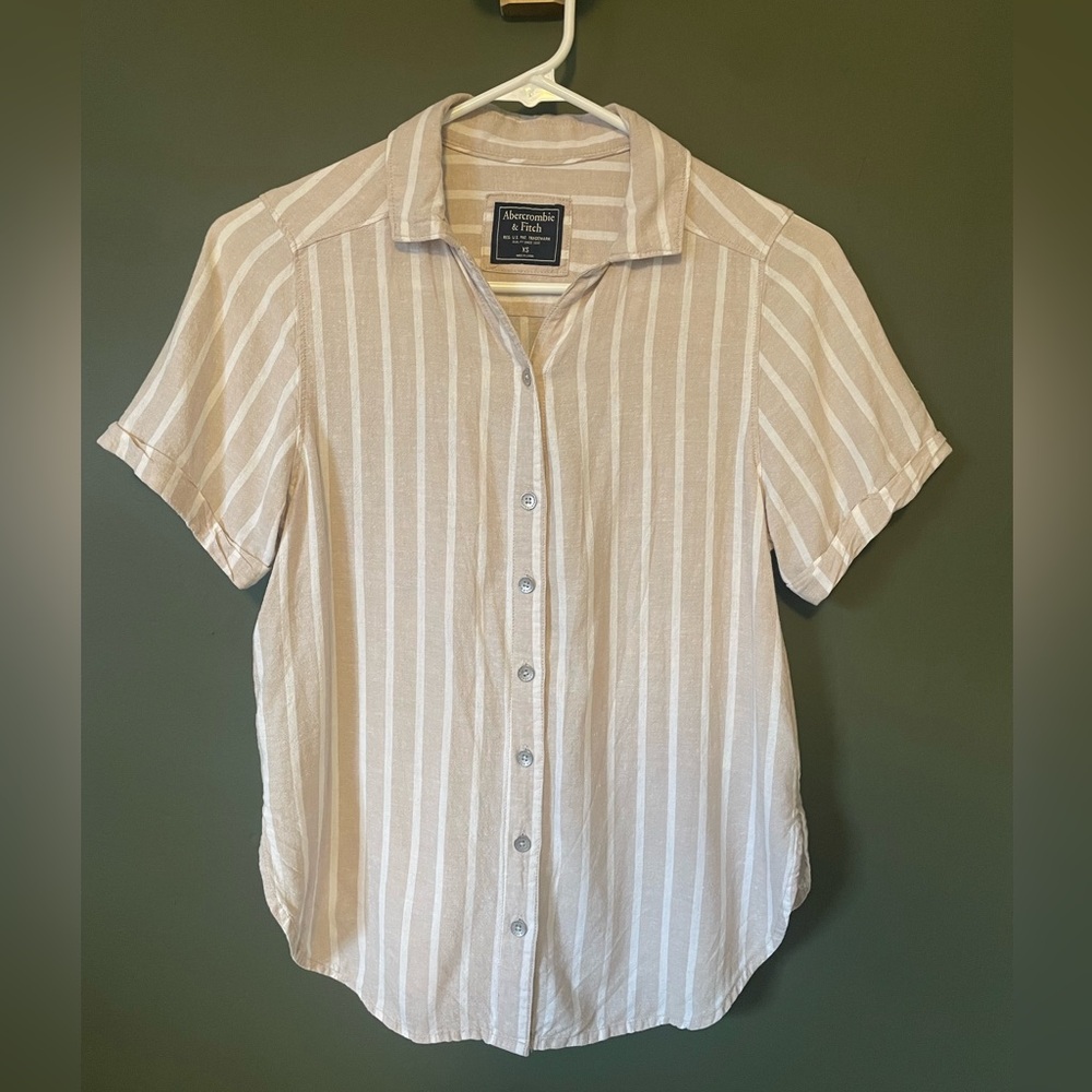 Abercrombie & Fitch Linen Tan & White Stripe Short Sleeve Blouse Top Size XS